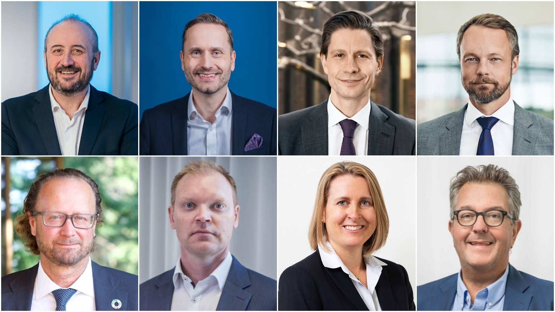 From top left to bottom right: Håkon Hansen, Snorre Storset, Christian Heiberg, Peter Kjærgaard, Jan Erik Saugestad, Tuomas Virtala, Magdalena Wahlqvist Alveskog and Olof Neiglick. | Photo: PR/DNB, Nordea, Danske Bank, Nykredit, Storebrand, OP, Handelsbanken, Swedbank.