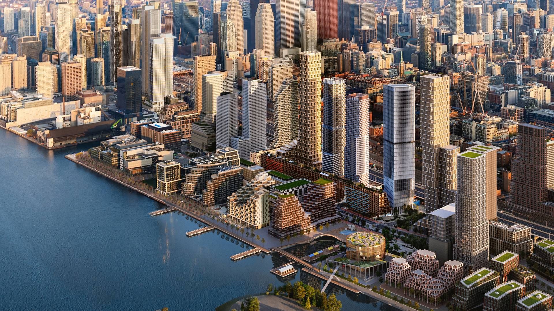 Visualisering fra vinderprojektet af Torontos havnefront hvor der har været fokus på varierende bebyggelse både med hensyn til højde og tæthed. | Foto: PR / Waterfront Toronto