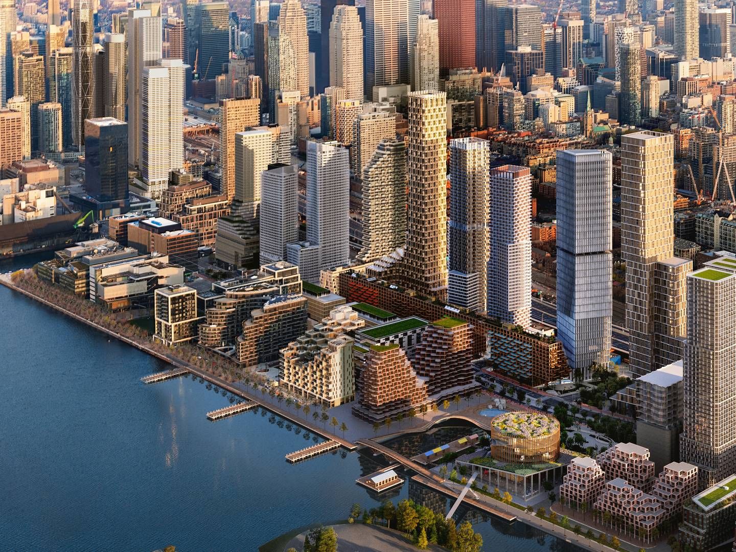 Visualisering fra vinderprojektet af Torontos havnefront hvor der har været fokus på varierende bebyggelse både med hensyn til højde og tæthed. | Foto: PR / Waterfront Toronto