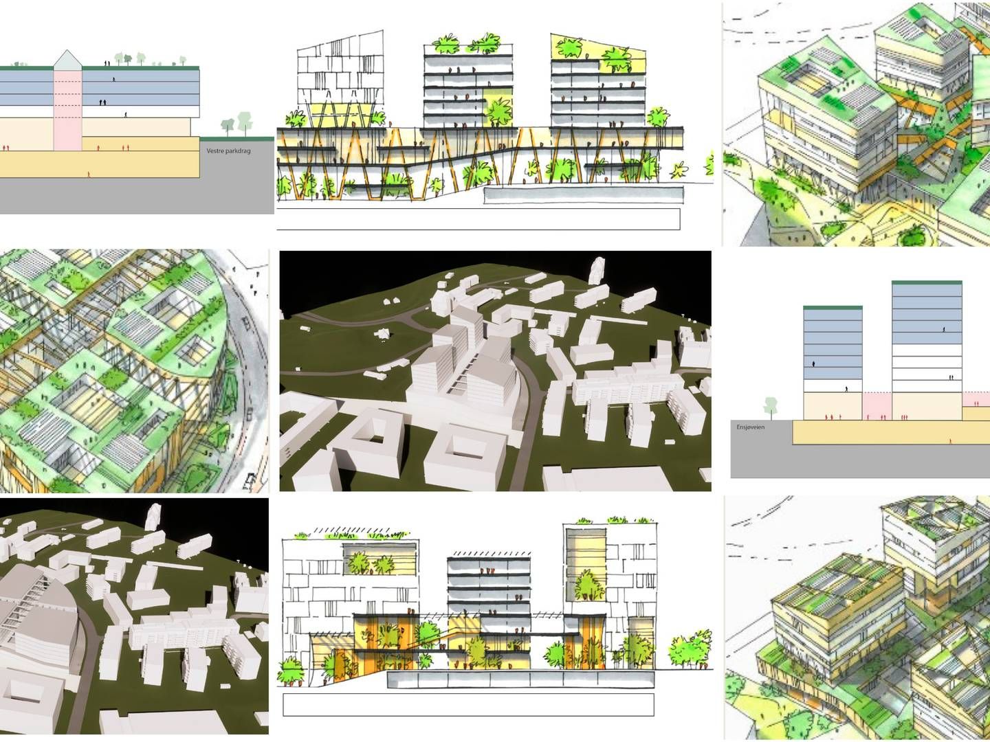 IKKE AVGJORT: Her er noen av skissene som er laget av et mulig NRK-hus på Ensjø. | Foto: skisser og illustrasjoner fra Gottlieb Paludan Architects