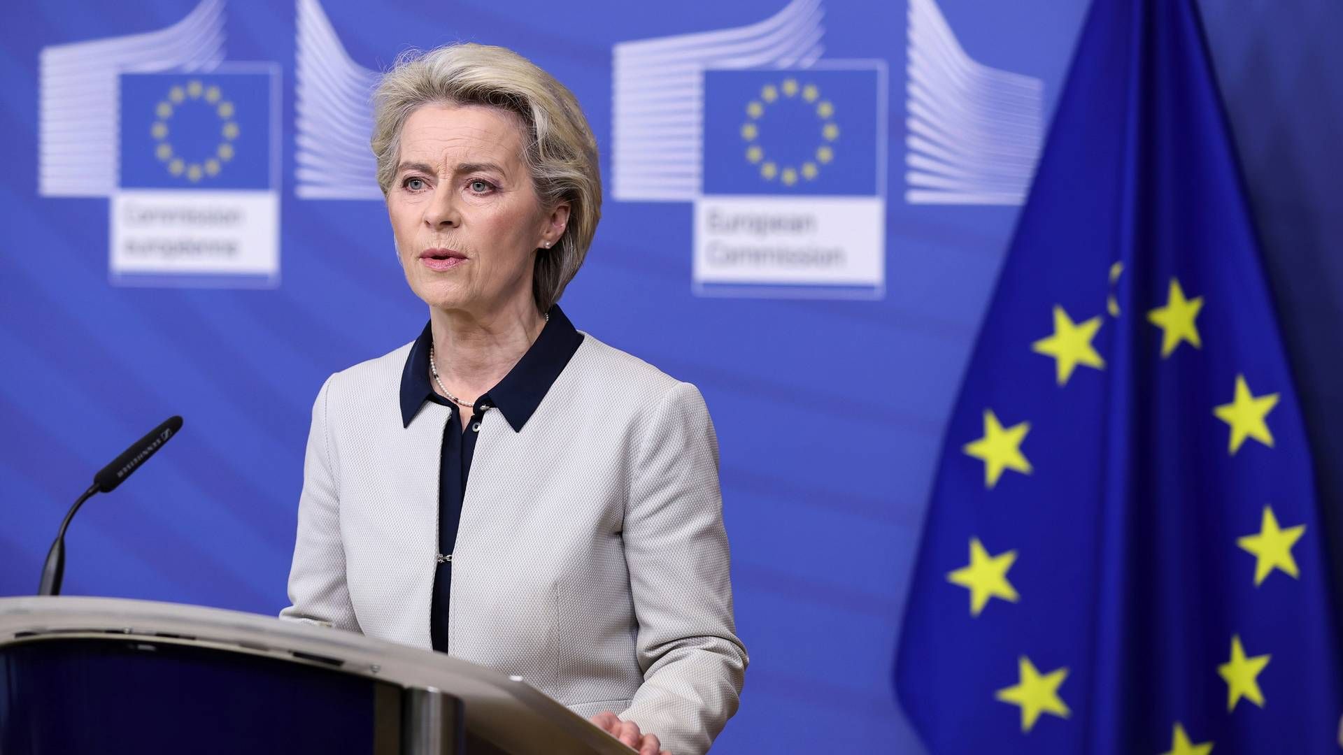 EU-kommisjonens president Ursula von der Leyen under et pressemøte torsdag der hun la fram EUs sanksjoner mot Russland. | Foto: Kenzo Tribouillard, AP