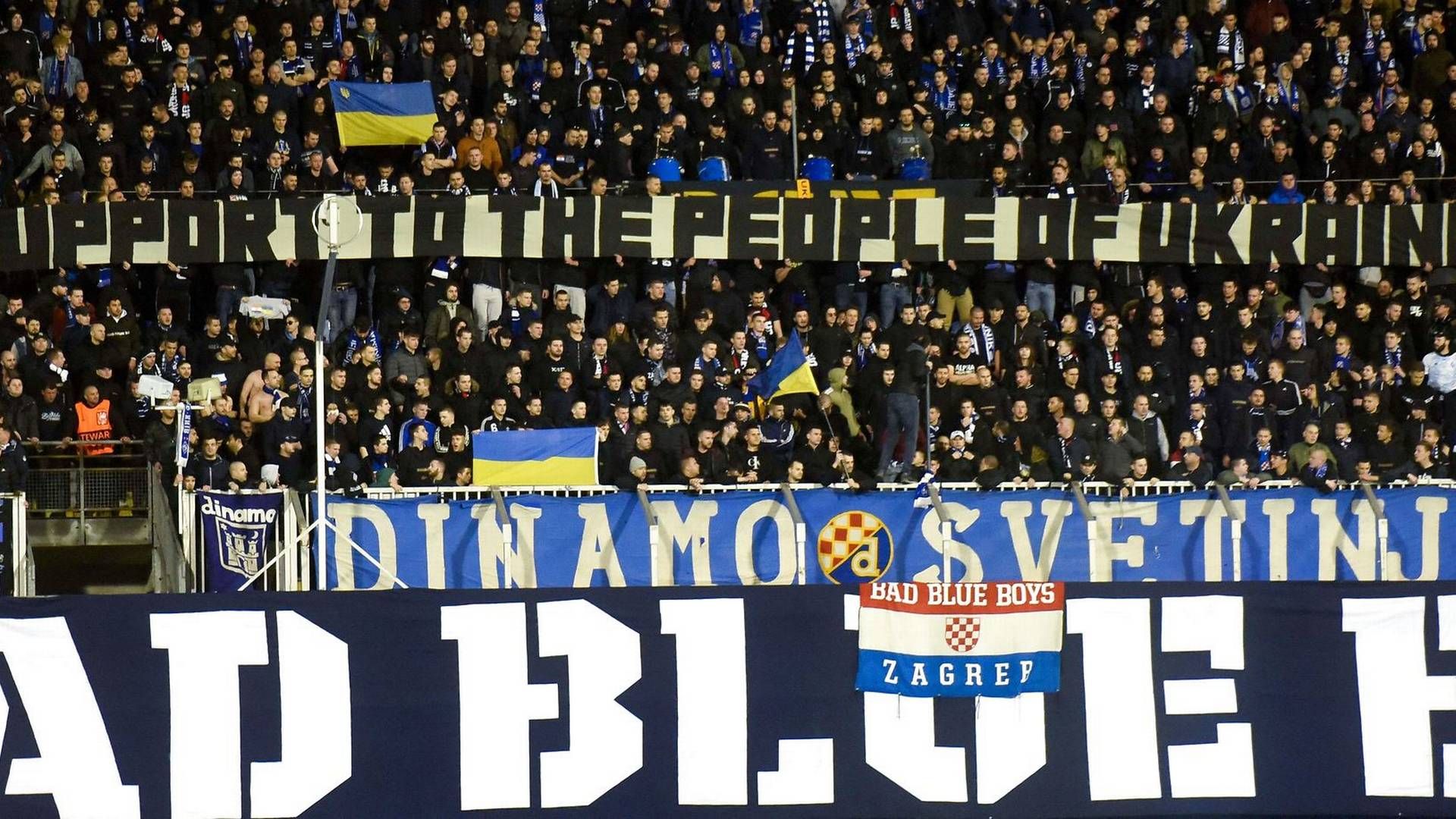 Allerede torsdag var der støtte til Ukraine under en UEFA-kamp i Zagreb i Kroatien. | Foto: Denis Lovrovic/AFP/Ritzau Scanpix