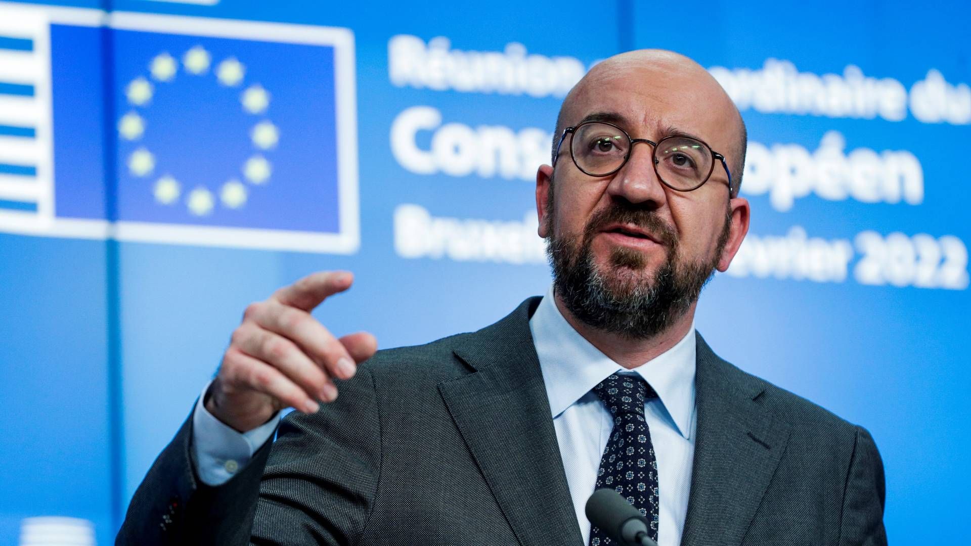 EU-president Charles Michel under pressekonferansen fredag der sanksjonene ble lagt frem. | Foto: AP - Olivier Hoslet