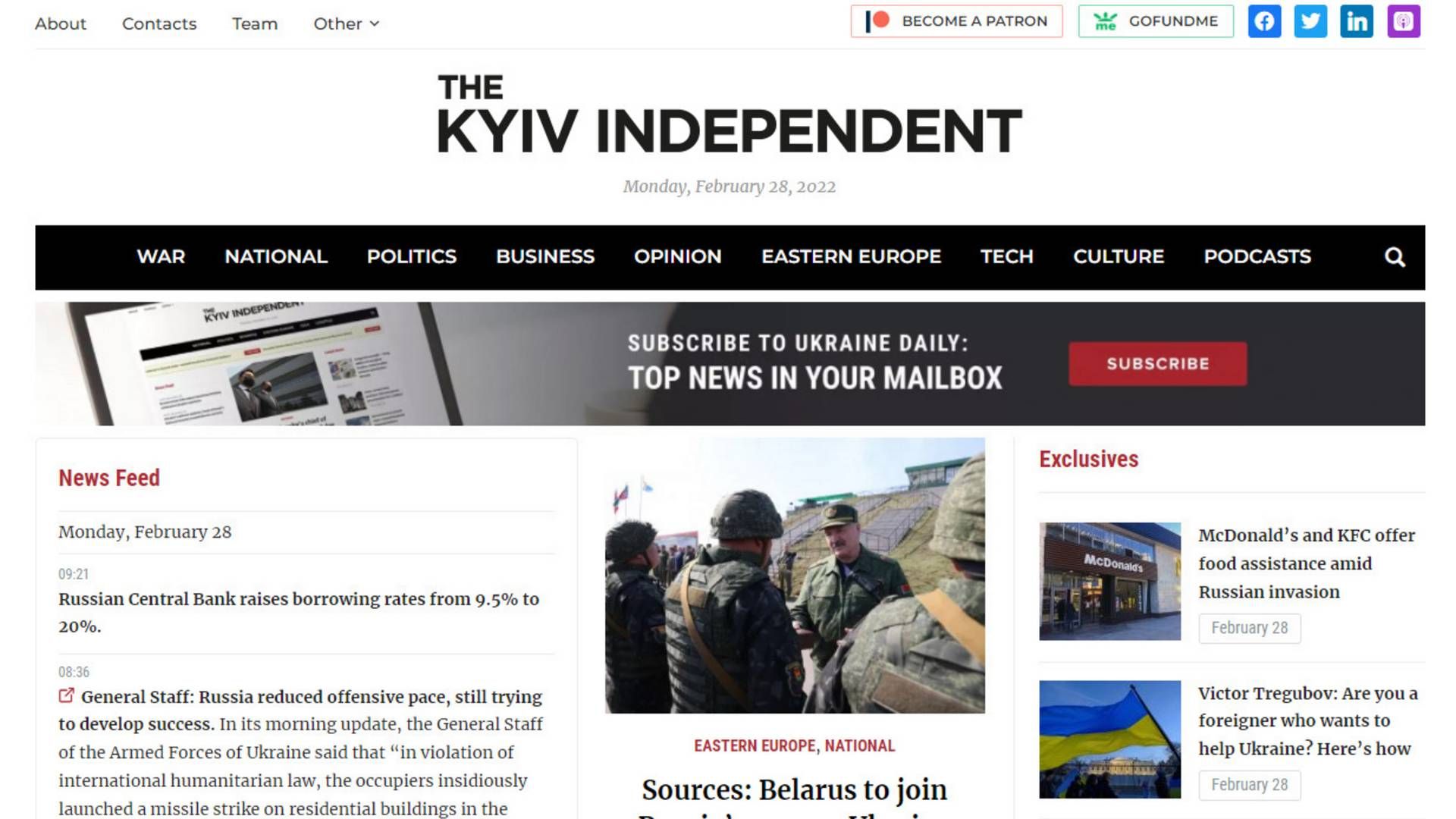 Forsiden af Kyiv Independent. | Foto: Skærmdump/Ritzau Scanpix