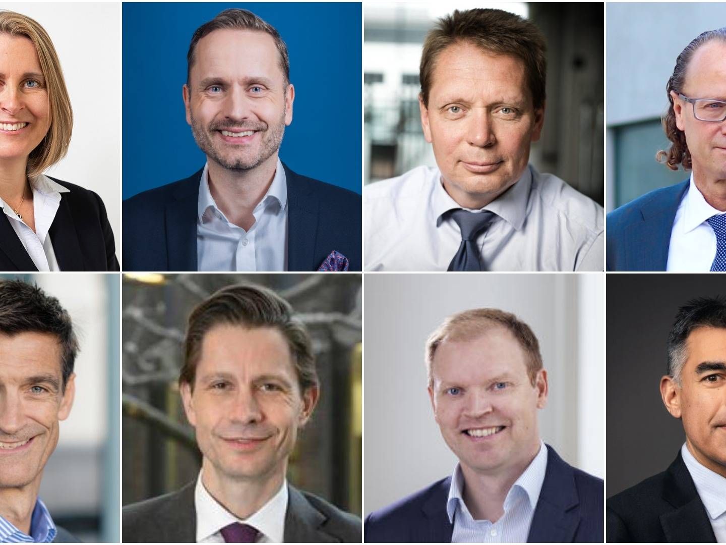 From top left to bottom right: Magdalena Wahlqvist Alveskog, Snorre Storset, Henning Mortensen, Jan Erik Saugestad, Håvard Gulbrandsen, Christian Heiberg, Tuomas Virtala, and Mikko Ayub. | Photo: PR/Handelsbanken, Nordea, Jyske Bank, Storebrand, KLP, Danske Bank, OP and Aktia.