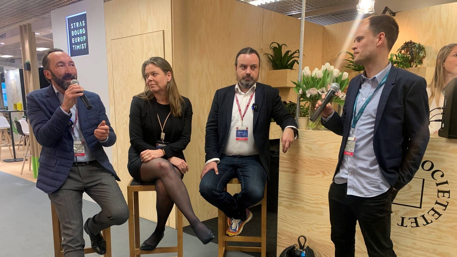 Fra venstre: Tomas Jandorf, Tetris, Rikke Lykke, Deas og Nikolas Samios, Proptech1 til paneldebat på ejendomsmessen Mipim i Cannes. | Foto: Privatfoto: Maja Tvilum