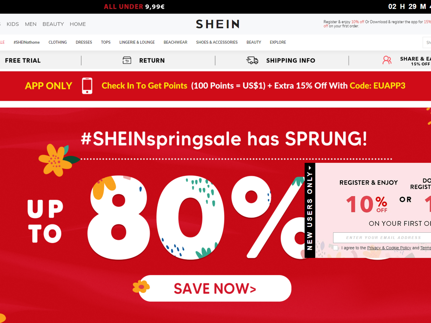 Markedsføringen er farverig, aggressiv og fuld af gode tilbud, når man som forbruger åbner Sheins hjemmeside. | Foto: Screenshot: Shein