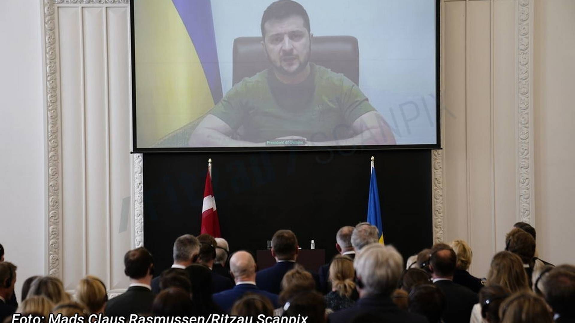 Ukraines præsident Volodymyr Zelenskyj talte tirsdag til det danske folketing. Foto: Mads Claus Rasmussen/Ritzau Scanpix