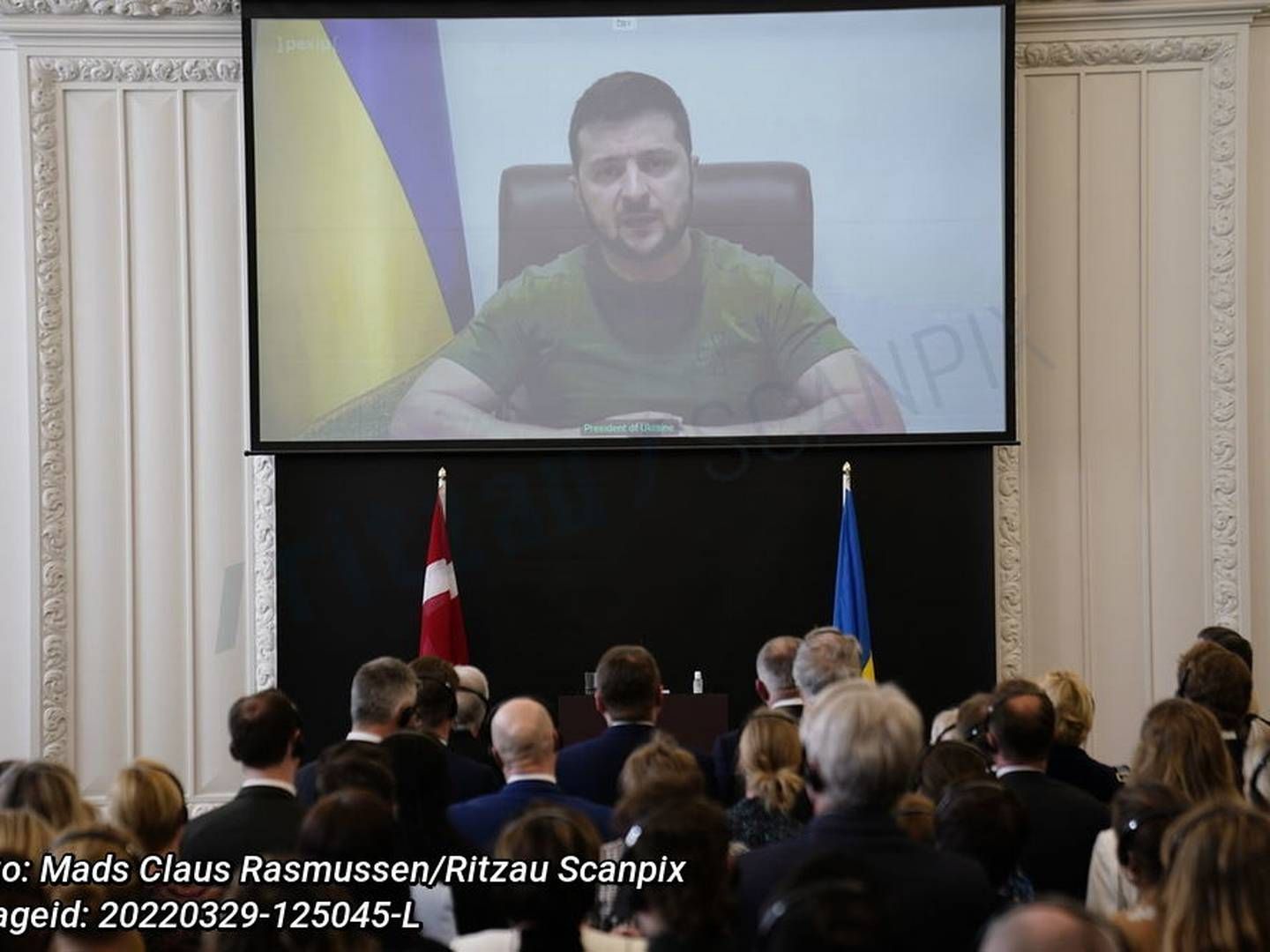 Ukraines præsident Volodymyr Zelenskyj talte tirsdag til det danske folketing. Foto: Mads Claus Rasmussen/Ritzau Scanpix