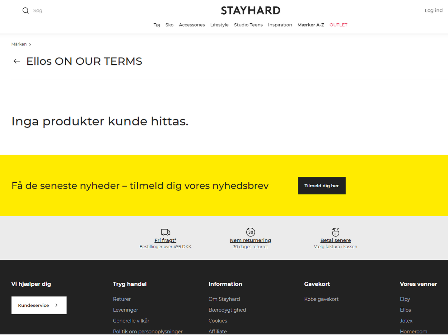 På Ellos' danske hjemmeside er der helt lukket ned for køb af Stayhards tøj. | Foto: Screenshot