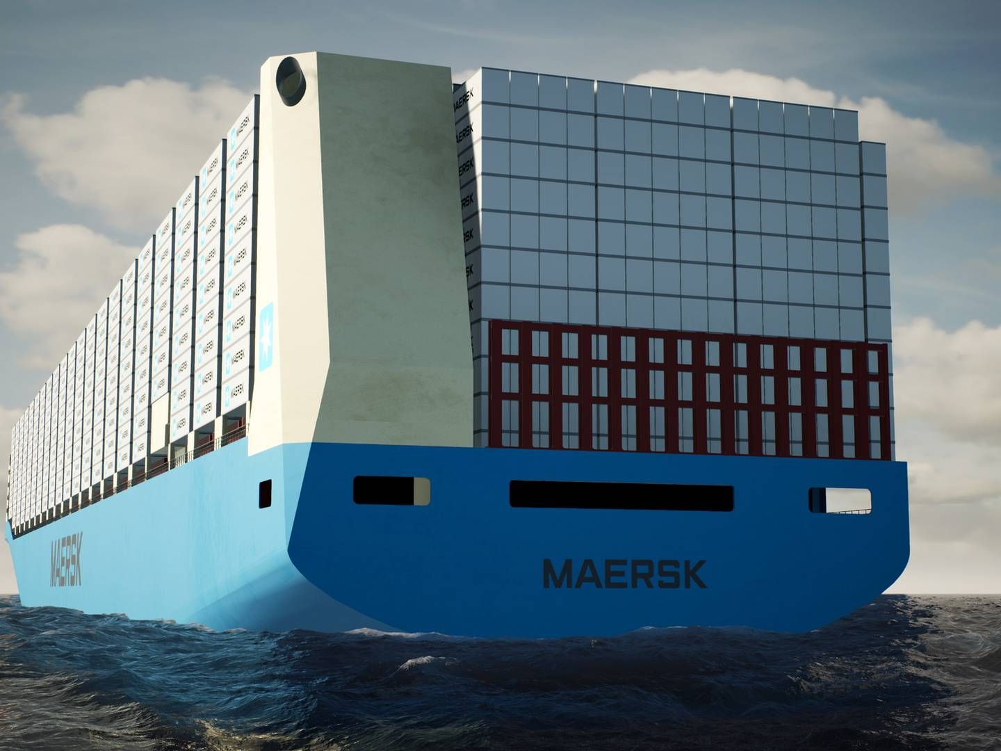 Sådan ser designet ud på Maersks kommende metanol-drevne containerskibe ud. Maersk kalder det det nye skibsdesign for den største nytænkning siden Maersk lancerede triple E-skibene med en kapacitet på 18.000 teu i 2013. | Foto: Maersk
