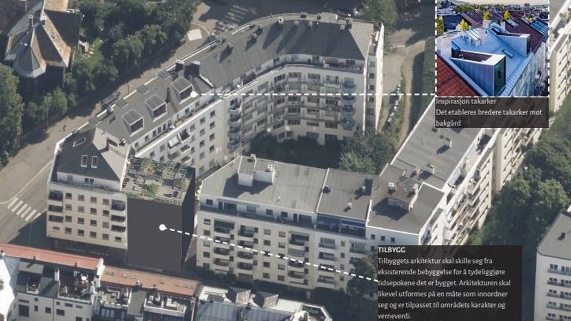 TILBYGG: Pilot Arkitekter har på vegne av Custo Eiendom bestilt forhåndskonferanse om tilbygg på fem etasjer i Frognerveien 22 i Oslo. | Foto: Pilot Arkitekter