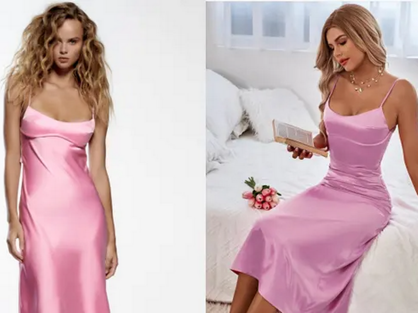 På billedet ses Zaras pink satin-kjole til venstre og Sheins tilsvarende til højre. | Foto: Zara/Shein