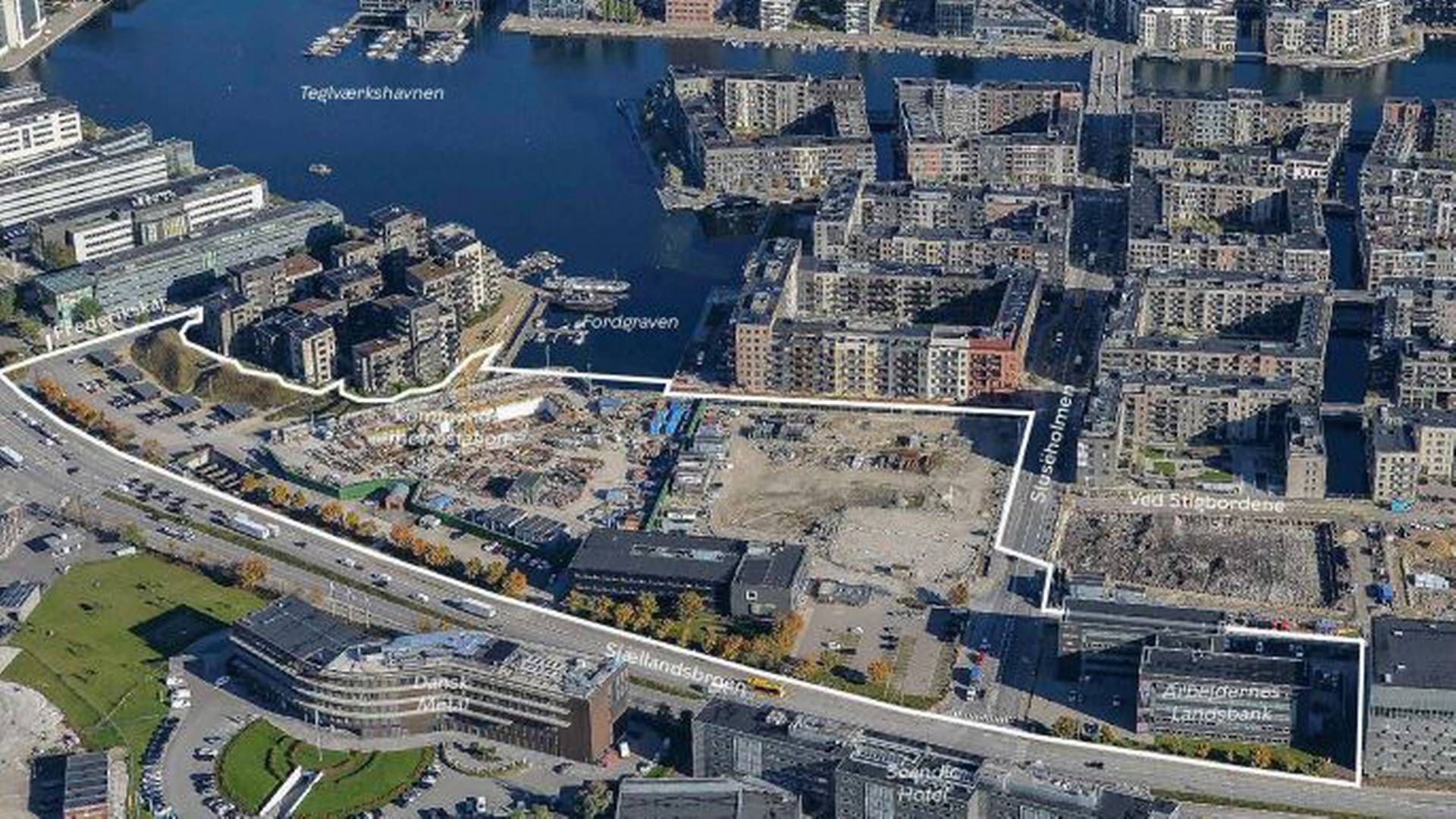 Det 47.000 kvm store område mellem Sjællandsbroen og Fordgraven ses her optegnet med hvidt. | Foto: Københavns Kommune