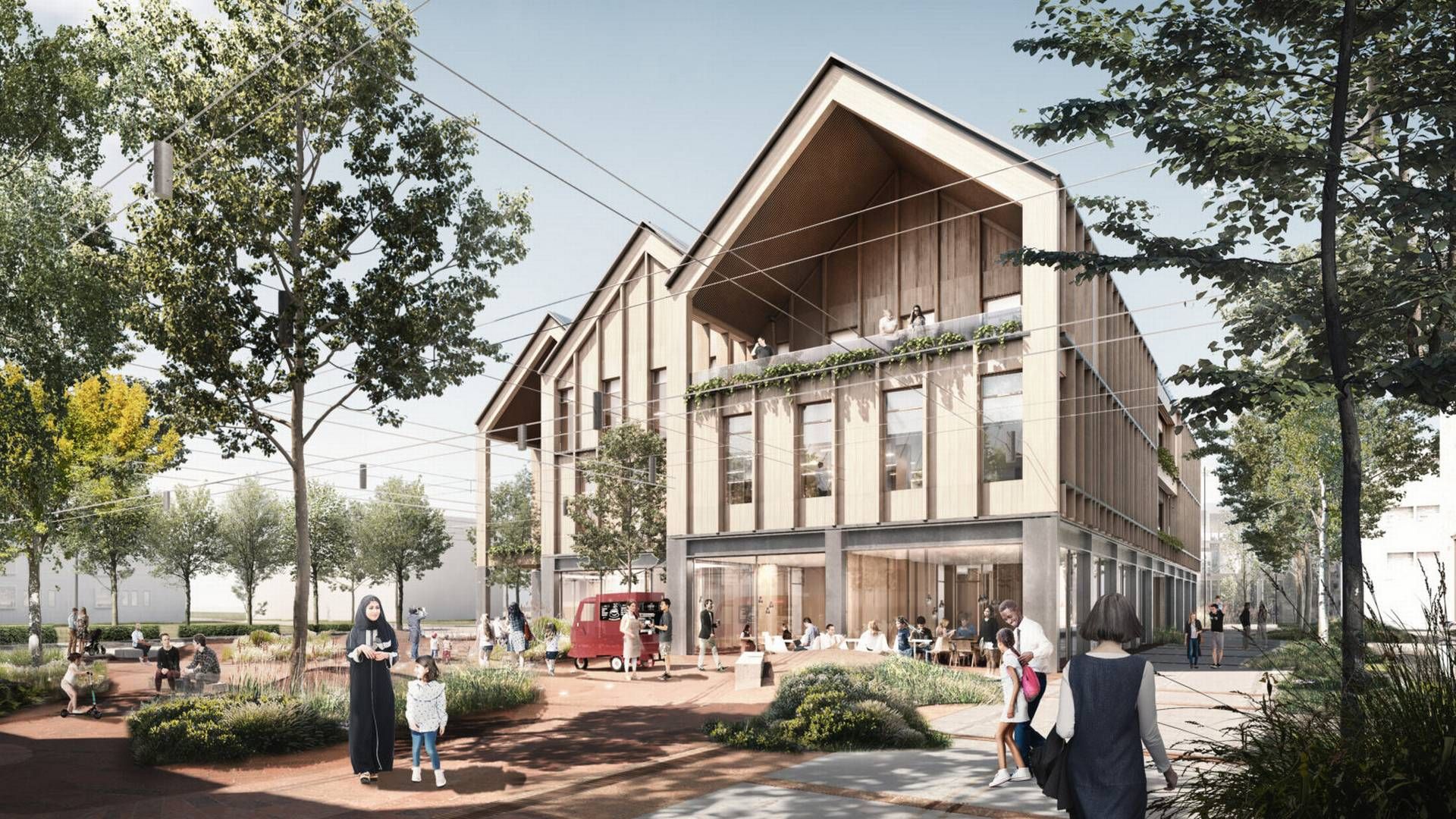 Projektet i Viby Syd skulle bl.a. indeholde et torv og et medborgerhus beklædt med træ. | Foto: PR-visualisering / Aart Architects