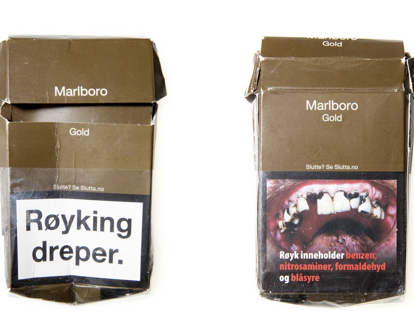 Inspirationen til de neutrale og brune cigaretpakker er hentet fra Norge, hvor de har set ud som på billedet siden 2019. | Foto: Peter Hove Olesen