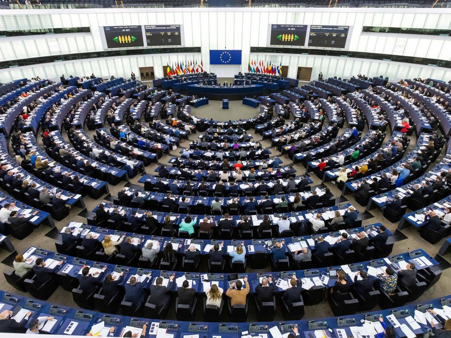 Europa-Parlamentet – her ses parlamentetssalen i Strasbourg – er i gang med at behandle Europa-Kommissionens forslag til nye Basel-kapitalkrav. | Foto: Philipp Von Ditfurth/AP/Ritzau Scanpix