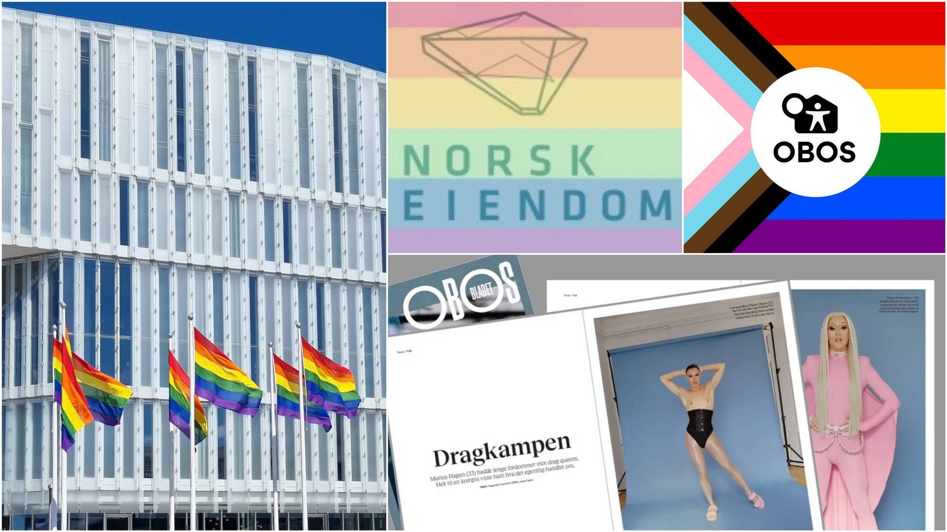 SYNLIG STOLTHET: Både utbyggere, rådgivere og bransjeforeninger profilerer seg rundt Pride i juni. CBRE i Norge har ikke endret logoen sin, men gått ut på sosiale medier med støttebudskap til Pride. Nederst til høyre er en faksimile fra Obos' medlemsblad.