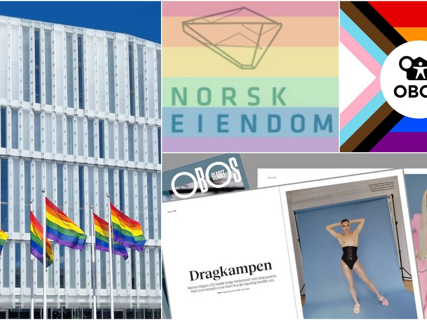 SYNLIG STOLTHET: Både utbyggere, rådgivere og bransjeforeninger profilerer seg rundt Pride i juni. CBRE i Norge har ikke endret logoen sin, men gått ut på sosiale medier med støttebudskap til Pride. Nederst til høyre er en faksimile fra Obos' medlemsblad.