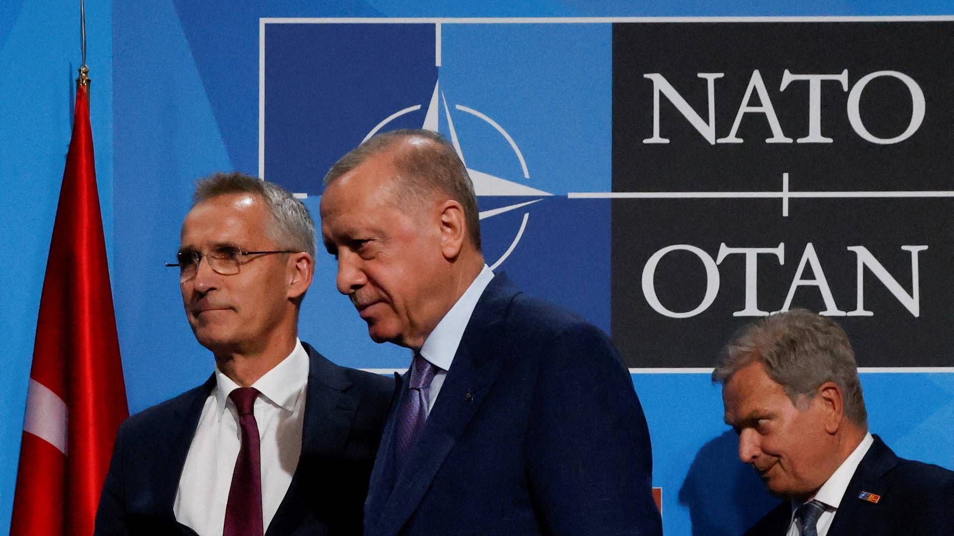 Nato-chef Jens Stoltenberg og Tyrkiet-præsident Recep Erdogan til Nato-møde i Madrid. | Foto: Yves Herman/REUTERS / X00380