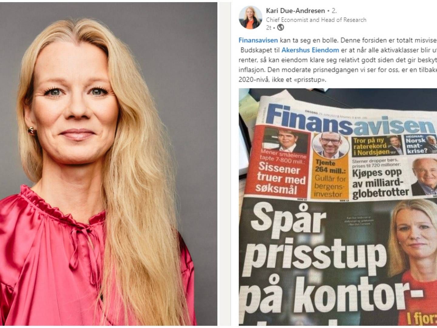 IRRITERT: Sjeføkonom Kari Due-Andresen i Akershus Eiendom mener oppslaget i Finansavisen er direkte misvisende. | Foto: Akershus Eiendom + faksimile LinkedIn. Collage: EiendomsWatch