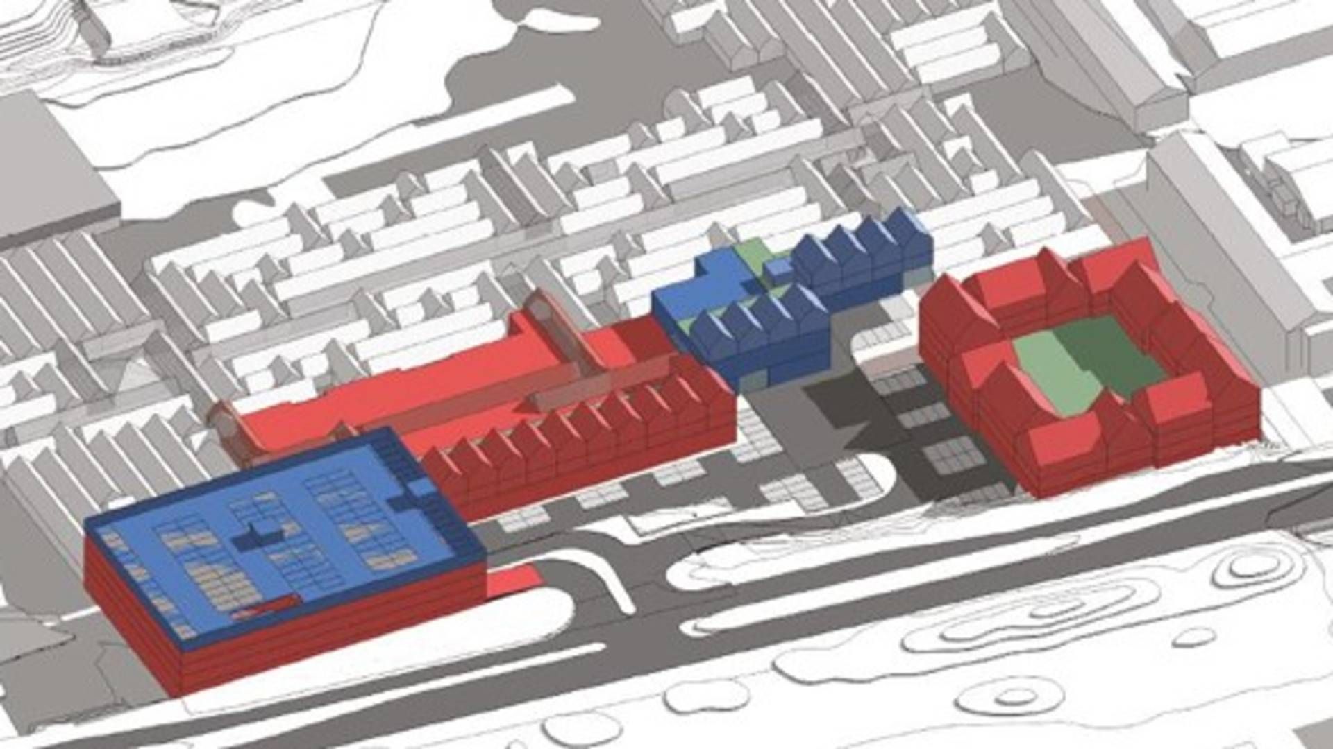 Diagrammet ovenfor viser et eksempel på, hvordan bebyggelsen kan opføres efter lokalplanens bestemmelser. De røde bygninger angiver en mulig første etape ved en eventuel etapeudbygning. | Foto: Lokalplan, Furesø Kommune