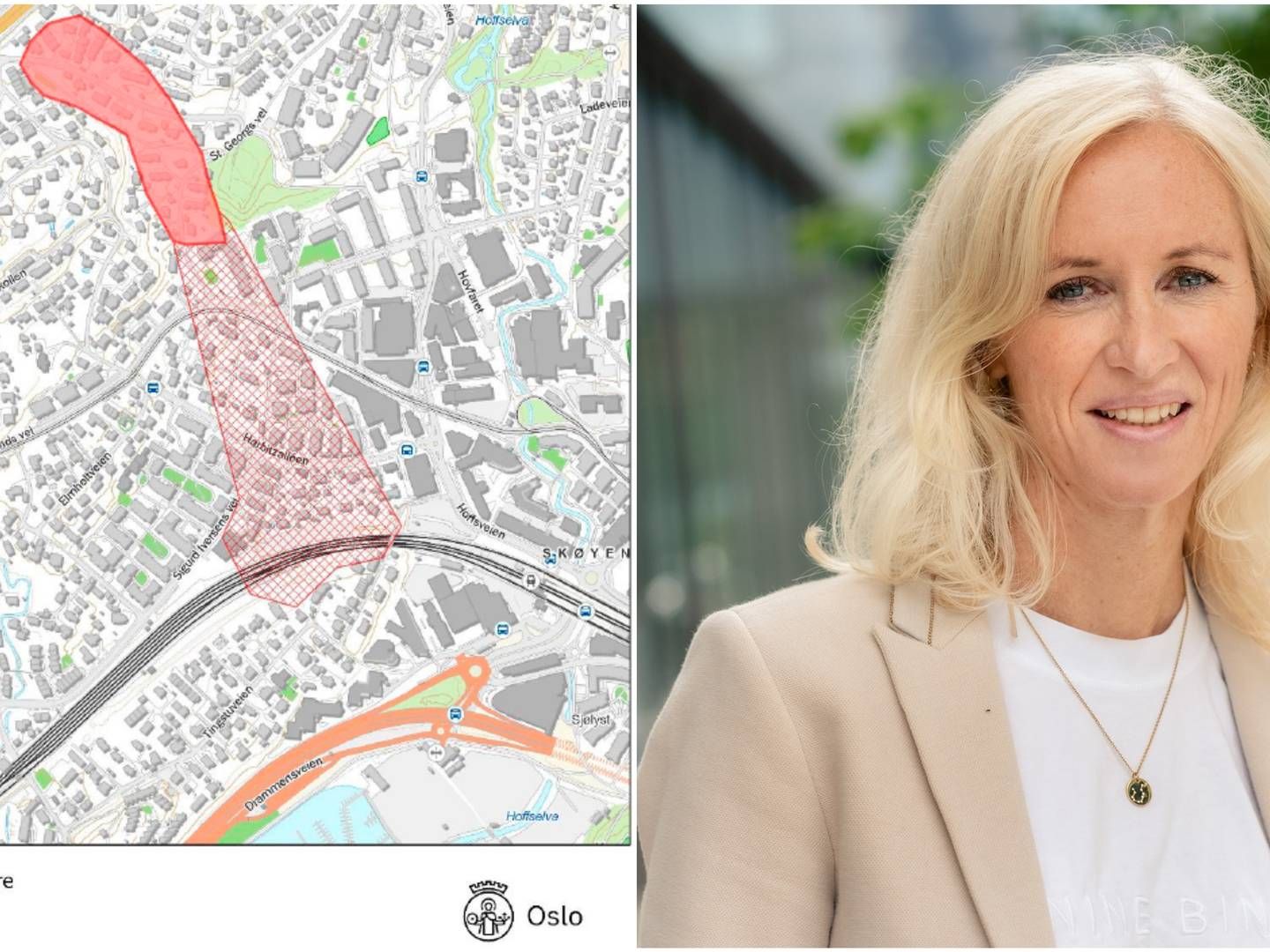 UNNGÅR TILTAKSFORBUD: Til venstre sees faresonen for kvikkleire markert av Plan- og bygningsetaten, som har innført midlertidig forbud mot bygging og alle tiltak som kan forandre terrengforholdene. Til høyre er Line Fredriksen, kommunikasjonssjef i Fornebubanen, som fortsetter sitt arbeid uten stans. | Foto: Plan- og bygningsetaten / Fornebubanen, begge i Oslo kommune. Kollasje: EiendomsWatch.