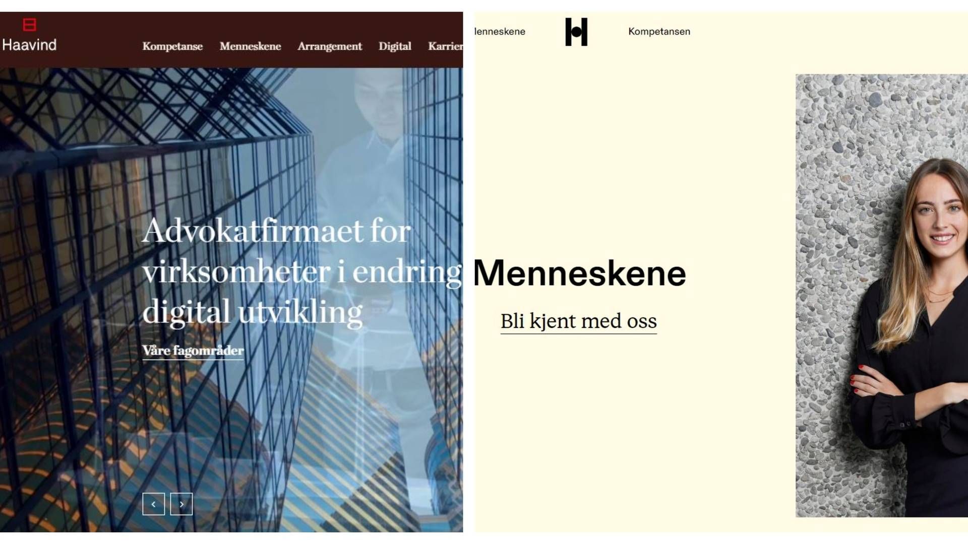 Til venstre den gamle hjemmesiden (med gammel logo), som fokuserte mest på virksomheten. Den nye hjemmesiden setter Haavinds ansatte i sentrum. I tillegg er en ny logo på plass. | Foto: Haavind