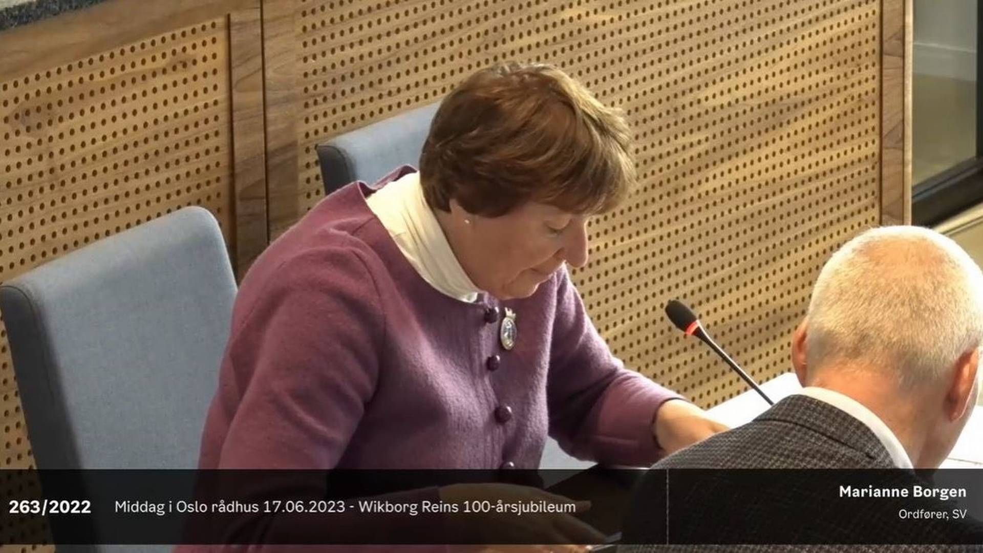 Ordfører Marianne Borgen, som leder forretningsutvalget i Oslo bystyre, under mandagens møte. | Foto: Skjermdump Oslo kommune-TV