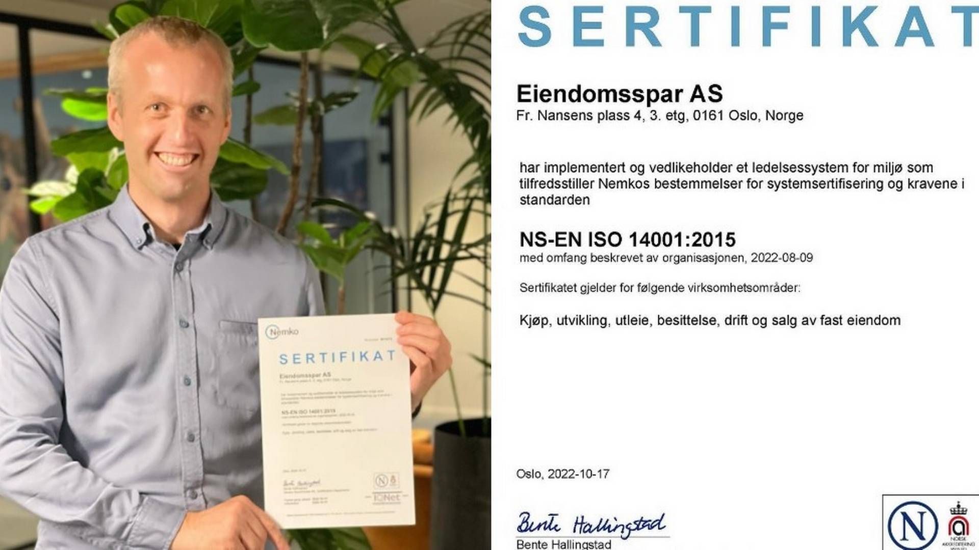 SERTIFISERT: Miljøsjef i Eiendomsspar, André Dalane, viser frem selskapets nye ISO-sertifisering. | Foto: Eiendomsspar