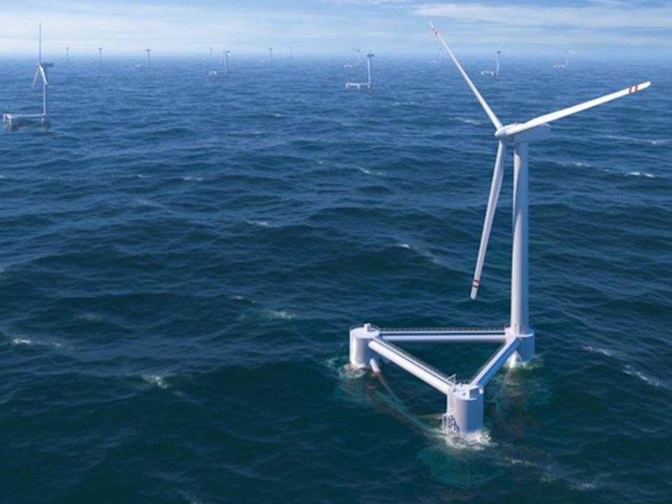 Sådan ser amerikanske Principle Powers planer ud for flydende vindmøller. Nu får to spanske projekter med flydemøller støtte - Flocan 5 og Balea. | Foto: PrinciplePower WindFloat