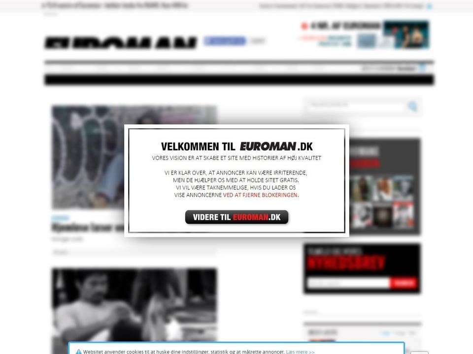 Egmont har indført en boks, der opfordrer brugerne på Euroman.dk og Boligliv.dk til at deaktivere deres adblocker. | Foto: Screendump fra euroman.dk