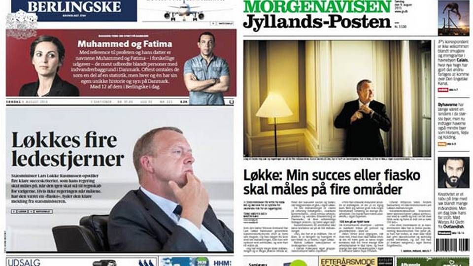 Forsiderne på Berlingske og Jyllands-Posten i søndags.