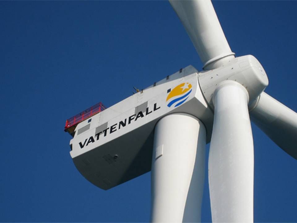 Photo: Sådan så Vattenfalls logo ud indtil i dag. Vattenfalls nuværende vindmølle må leve med det gamle logo. Kun nye møller får det nye logo.
