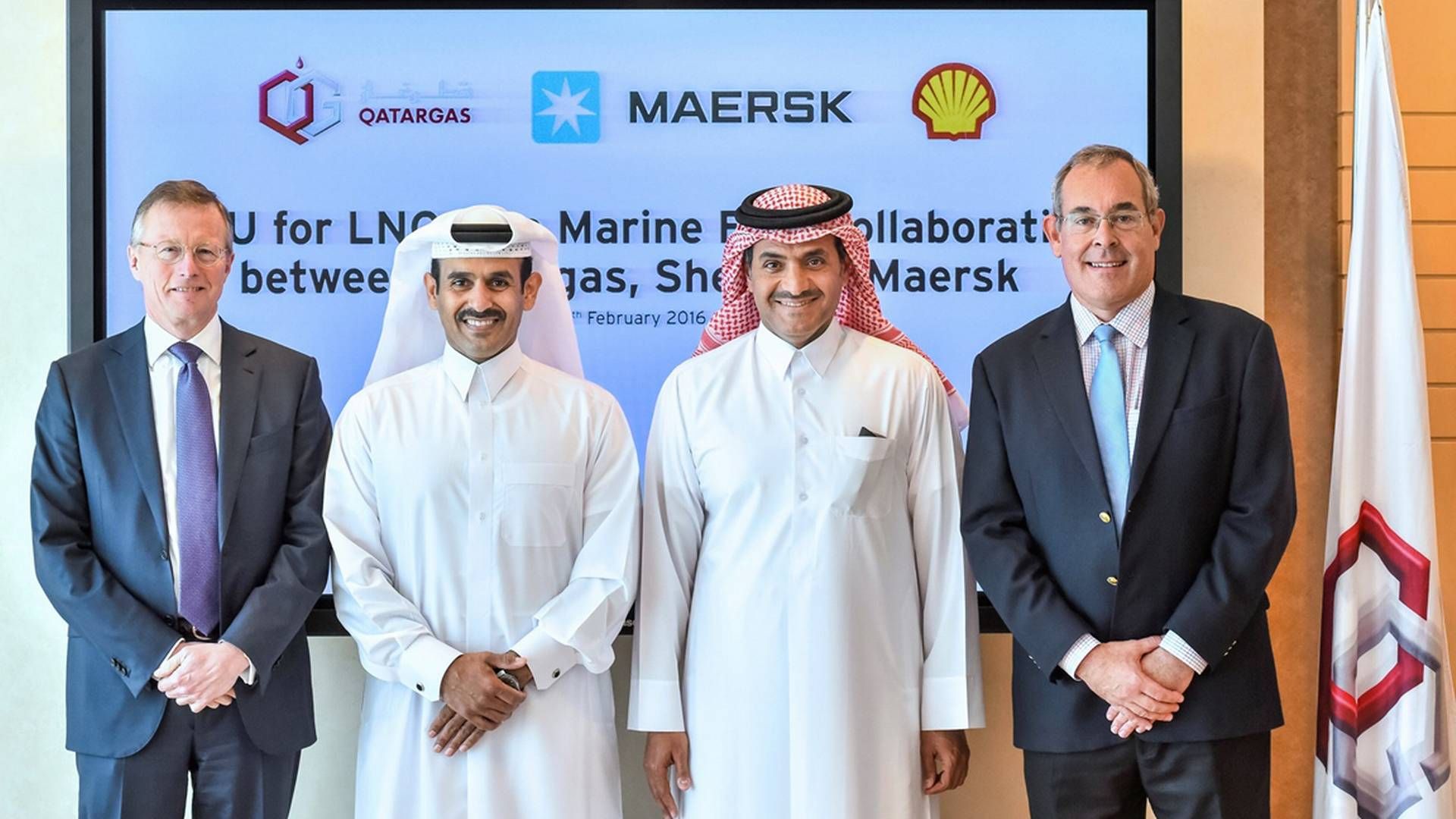 Saad Sherida Al-Kaabi, Chairman of Qatargas, Qatargas CEO, Khalid Bin Khalifa Al-Thani, CEO of Maersk Group Nils S. Andersen and Danny Leek, and Shell's Manager of the Middle East, at the signing of the MOU. | Photo: Qatargas