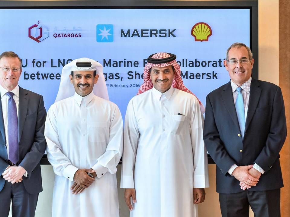 Saad Sherida Al-Kaabi, Chairman of Qatargas, Qatargas CEO, Khalid Bin Khalifa Al-Thani, CEO of Maersk Group Nils S. Andersen and Danny Leek, and Shell's Manager of the Middle East, at the signing of the MOU. | Photo: Qatargas