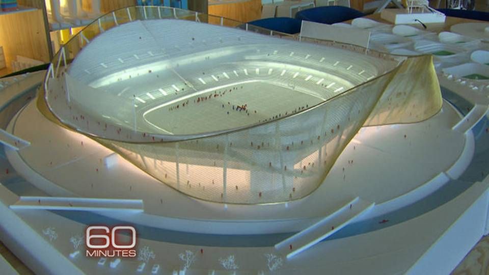 Modellen af det nye stadion, som Bjarke Ingels har tegnet for NFL-holdet Washington Redskins. Rund om stadionet løber en voldgrav, der kan bruges til kajaksejlads. | Foto: CBS News