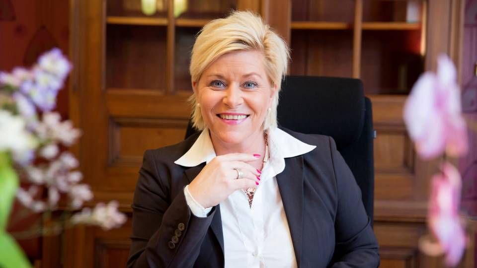 Norges finansminister Siv Jensen (FrO) vil øge ejerskabet i norske virksomheder med ny aktieskat. | Foto: Rune Kongsro