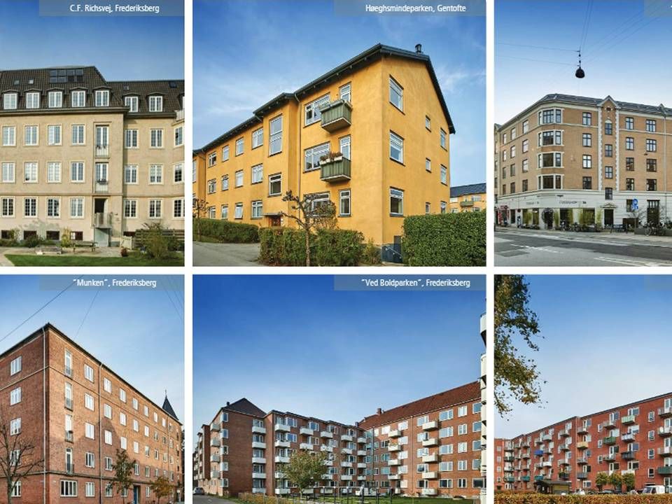 De seks ejendomme med over 700 boliger i, som Carlsbergfondet har solgt til PFA, Dip og Jøp.