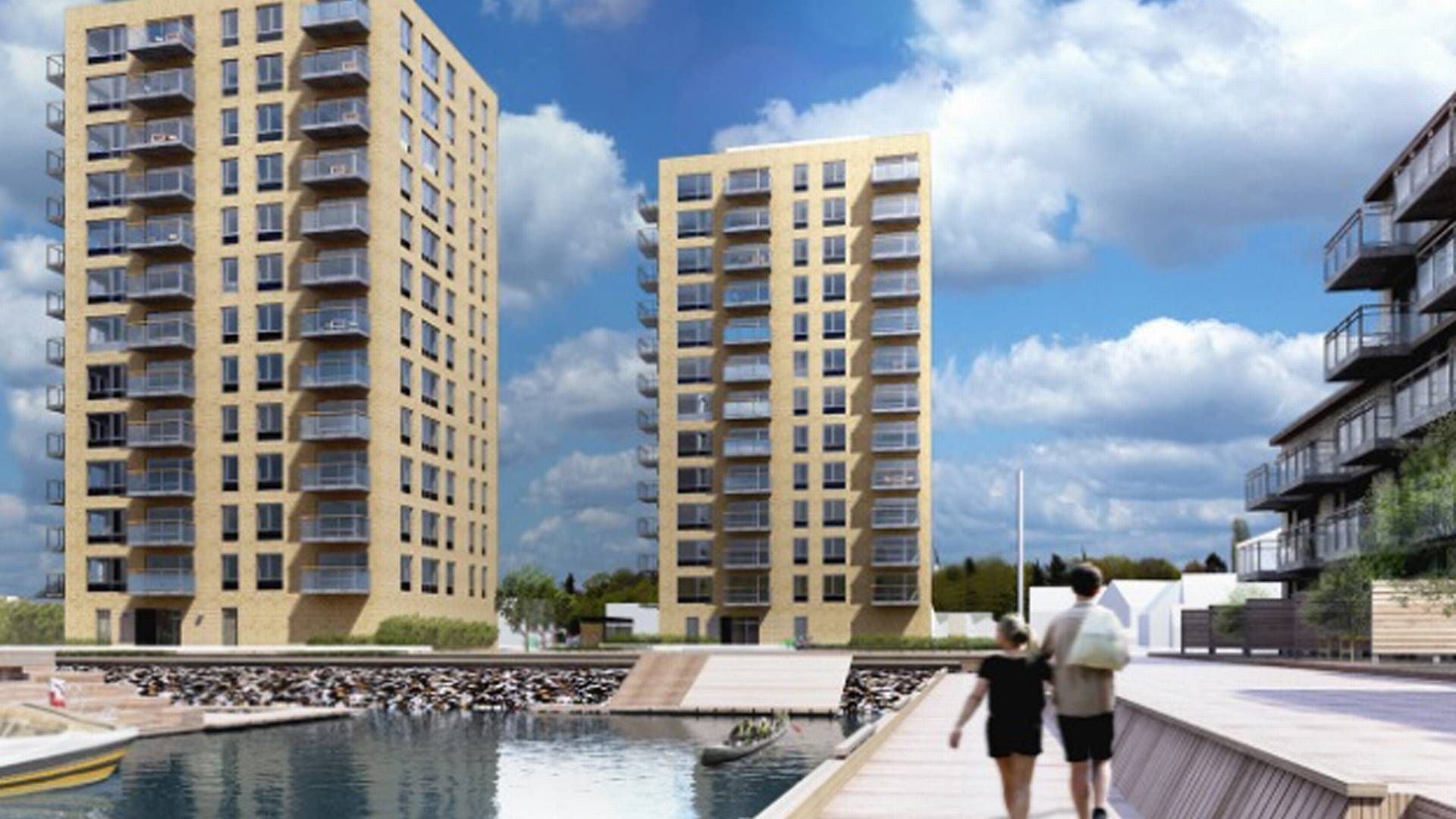 I Vejle investerer Pensionsdanmark 225 mio. kr. i to tårne på 13 etager med hver 44 boliger. | Foto: PR-visualisering