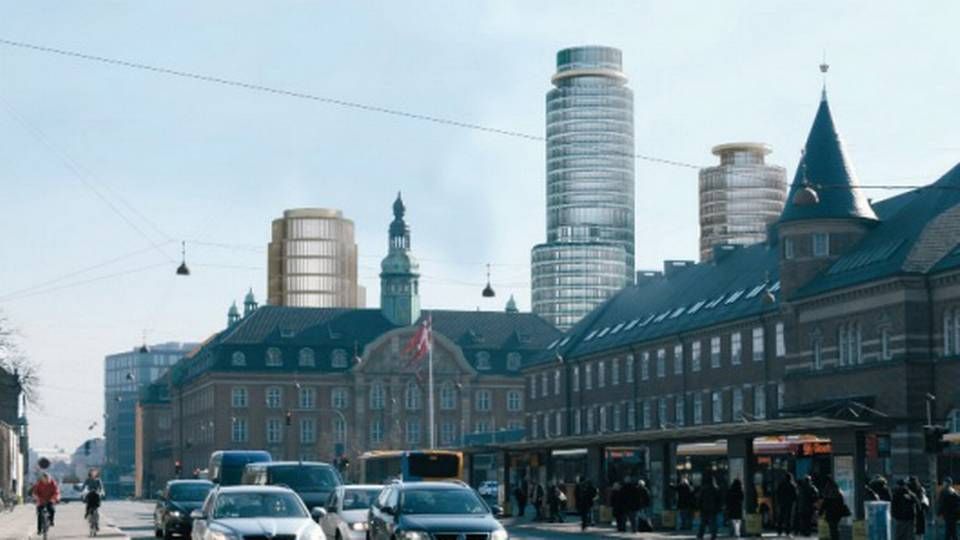 Sådan kan Danicas milliardprojekt Posten komme til at se ud set fra Københavns Hovedbanegård. Bag flaget den gamle postbygning, der bliver til hotel. | Foto: PR-visualisering