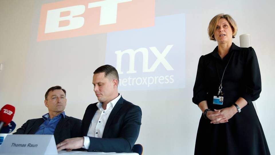 Fra venstre BTMX's chefreraktør Jens Grund, adm. direktør Thomas Raun og Mette Maix, adm. direktør i Berlingske Media, ved præsentationen af fusionen. | Foto: Jens Dresling/Polfoto