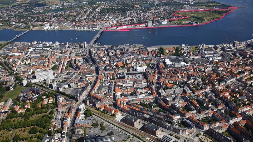 Stigsborg Havnefront ved Aalborg (markeret med pink) bliver det hele store slagnummer over for investorerne, når Aalborg Kommune i næste uge indtager Mipim-messen i Sydfrankrig. | Foto: PR