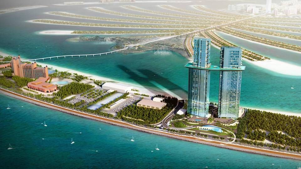 Den Dubai-baserede projektudvikler Nakheel søger på dette års Mipim-messe investorer til bl.a. dette spektakulære hotelprojekt, hvor en svømmepøl binder to hoteltårne samme. | Foto: PR-visualisering