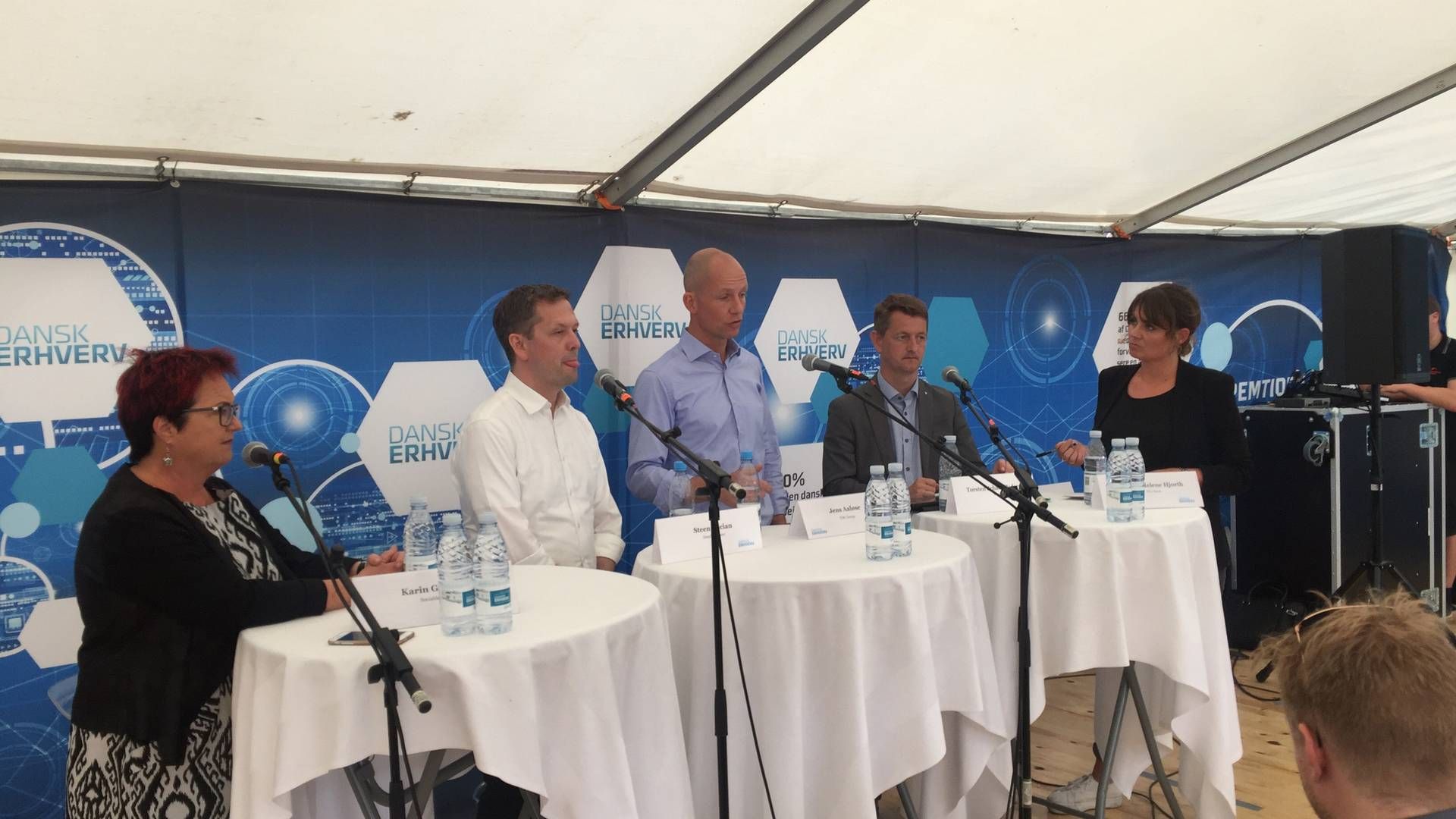 Debat på folkemødet. Fra venstre It-ordfører Karin Gaarsted (S), Dansk Erhvervs cheføkonom, Steen Bocian, TDC's koncerndirektør Jens Aaløse og it-ordfører Torsten Schack-Pedersen (V). | Foto: FOTO: Nis Peder Kolby