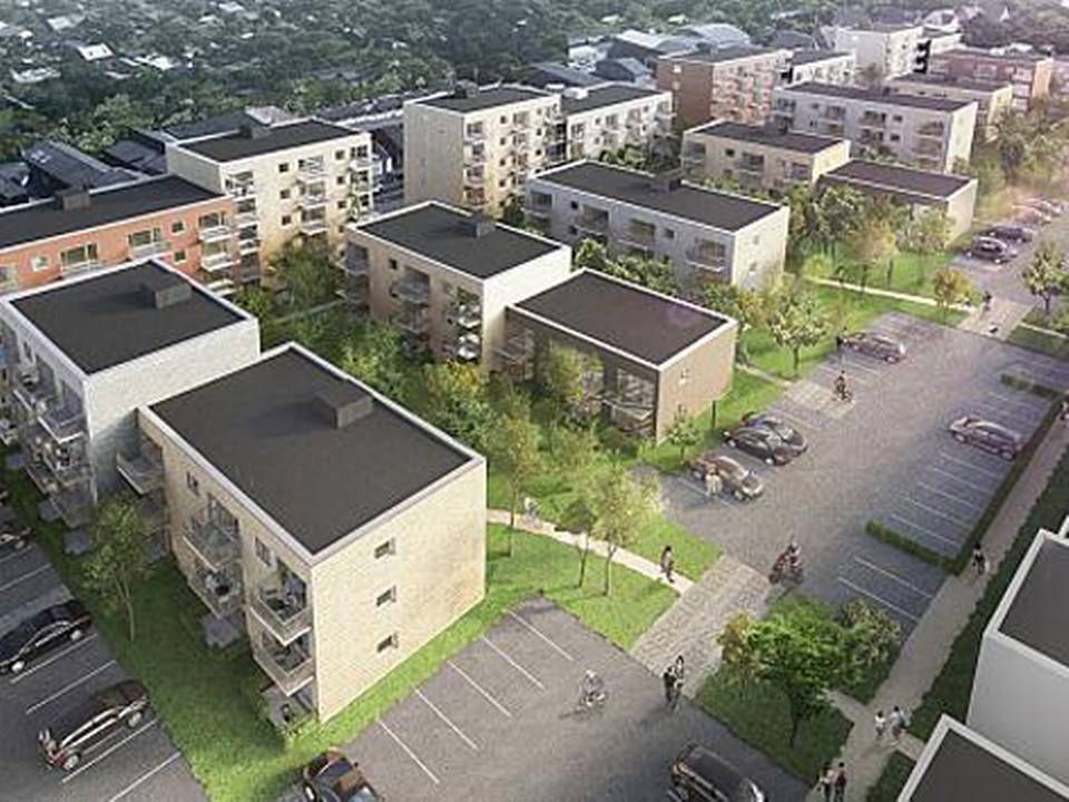 Bebyggelsen opføres som fire boligkarreer i en åben struktur med grønne friarealer. Den første etape af byggeriet forventes at stå færdig i efteråret 2018. | Foto: PR-visualisering: Creo Arkitekter