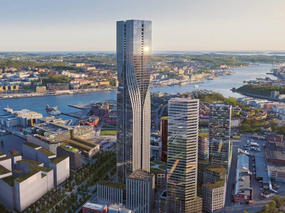 Karlatårnet i Göteborg, som det efter planen skal se ud i 245 meters højde. Nu har den amerikanske køber af projektet trukket sig, muligvis kun midlertidigt. | Foto: PR-visualisering