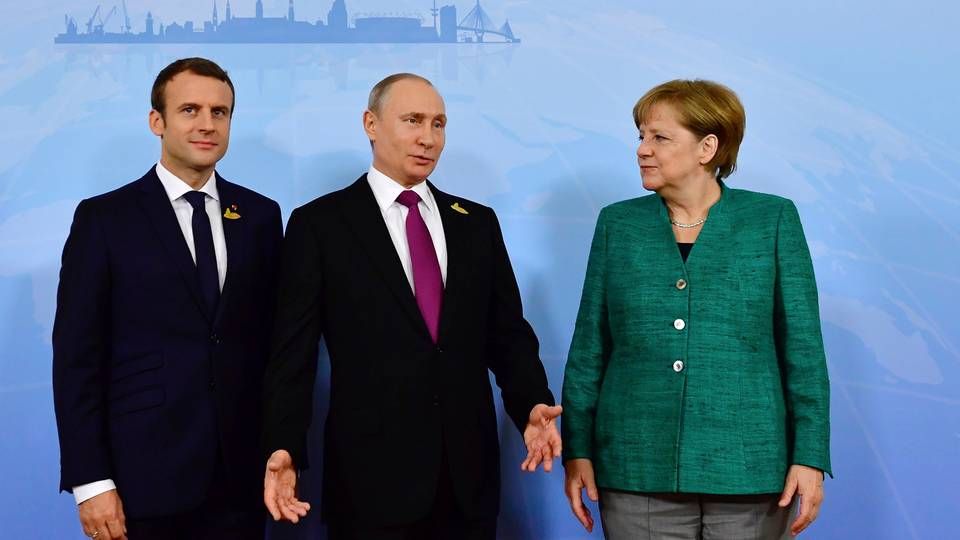 G20-topmøde, juli 2017 i Hamborg, Macron, Putin og Merkel | Foto: /Ritzau/AP/Tobias Schwarz