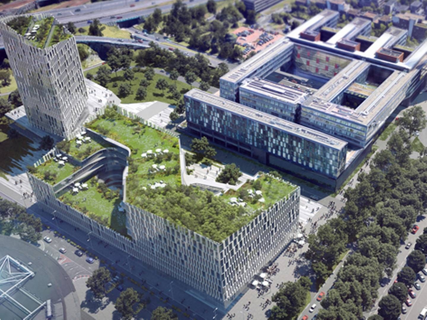 Nederste bygning med græs på taget er arkitektfirmaet Henning Larsen Architects bud på en fransk bygning til det Europæiske Lægemiddelagentur EMAs hovedkontor. | Foto: PR
