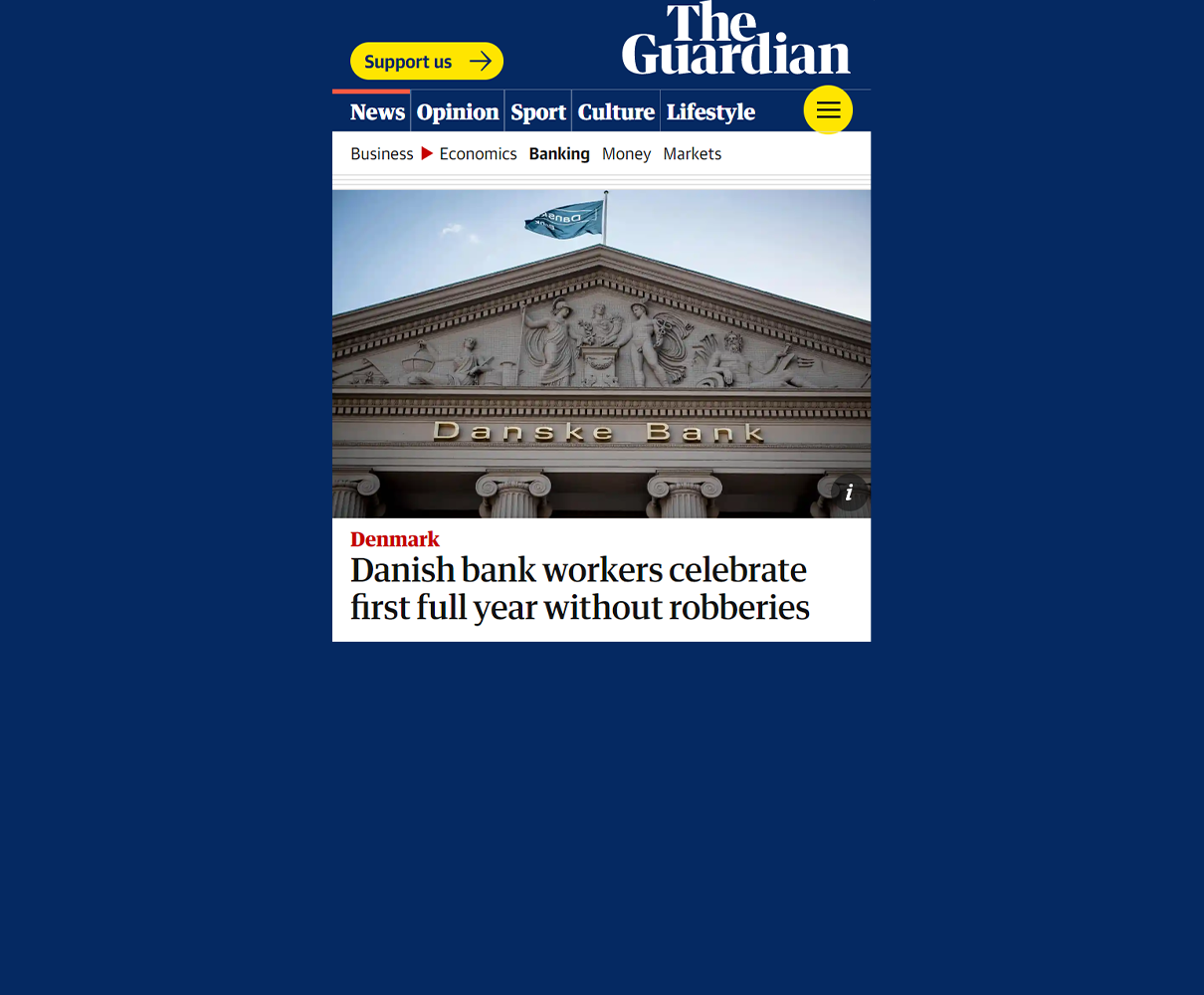 Forside fra The Guardian om danske bankrøverier. Kilde: The Guardian